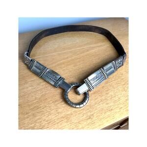 90's Chicos Genuine Leather Brown Belt Chunky Metal Western Boho Buckle Sz 38